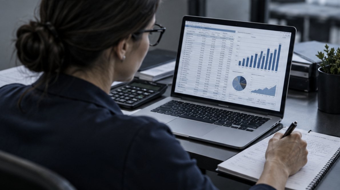 Bookkeeper reviewing a financial dashboard on a laptop