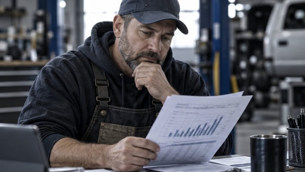 Business owner in his shop reviewing a financial report