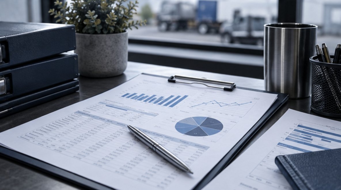 Financial report on a clipboard with charts and a pen