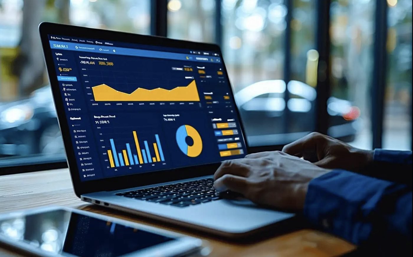 Hands typing on a laptop showing a sales dashboard