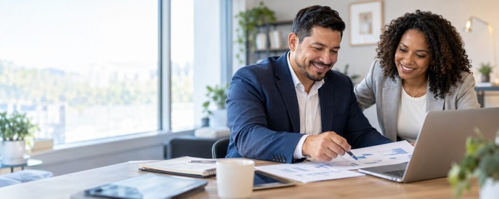 Two business professionals collaborating over financial documents and a laptop